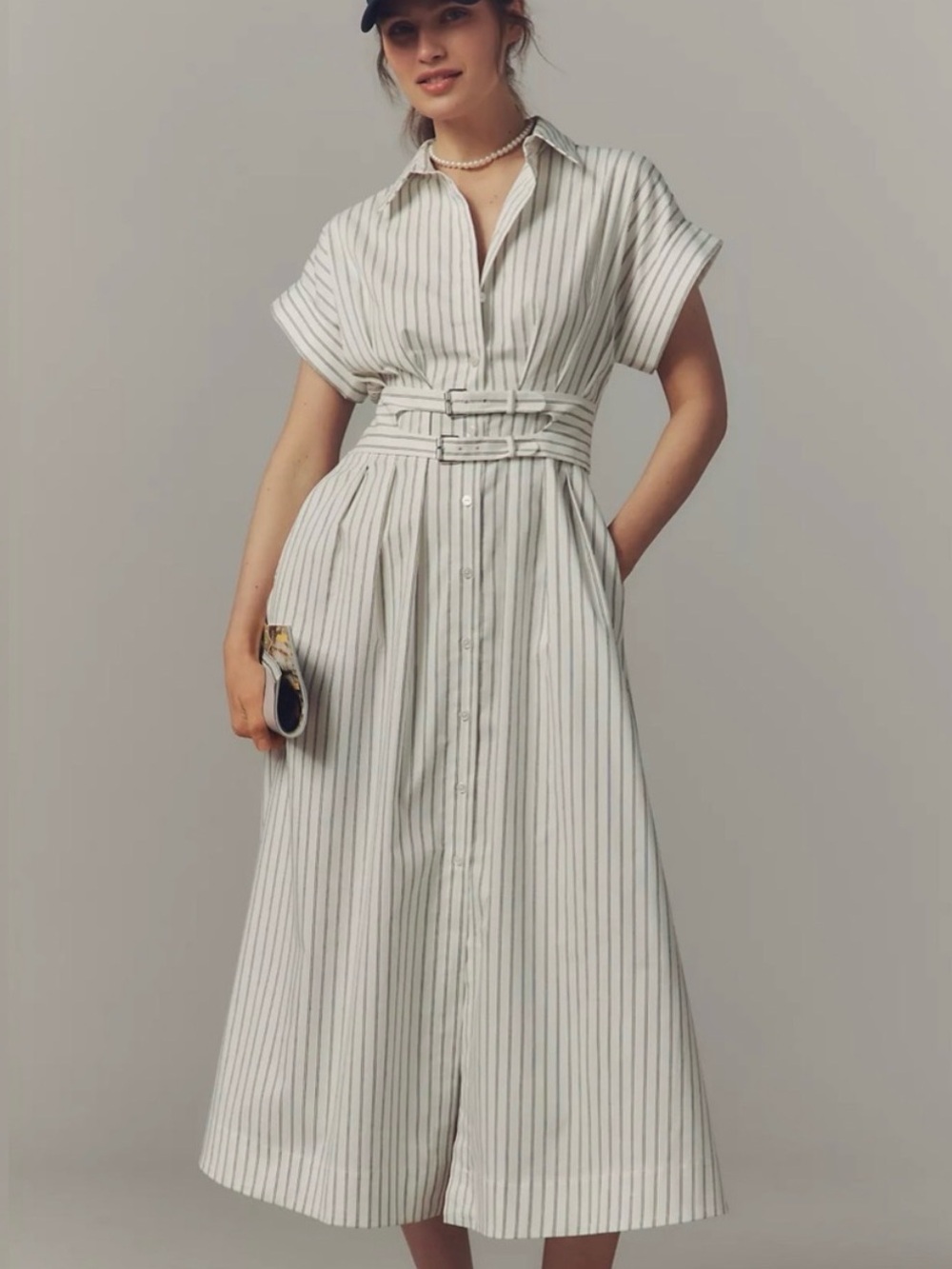 Exquise Tobie Button-Front Striped Midi Shirt Dress with Belt - White/Gray